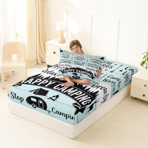 Erosebridal RV Camper Twin 2Pcs Bedding Set, Outdoors Camping Theme Fitted Sheet for Kids Girls Boys, Rustic Cabin Mountain Forest Sheets, Camping Lovers Gifts Bed Sets Room Decor - Image 2