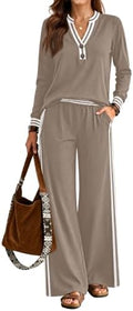 Lounge Sets for Women 2 Piece Outfits Henley Tops High Waisted Pants Set by ETCYYNEW