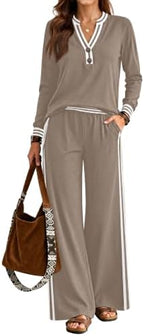 Lounge Sets for Women 2 Piece Outfits Henley Tops High Waisted Pants Set by ETCYYNEW