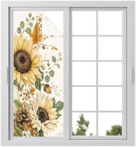 Window Privacy Film Frosted, Pumpkins Sunflower Fall Static Cling Door Window Covering, Thanksgiving Botanical Rustic UV Blocking Windows Film for Office, Hotel, Bedroom, 29.5 x 78.7 Inches by Unknown