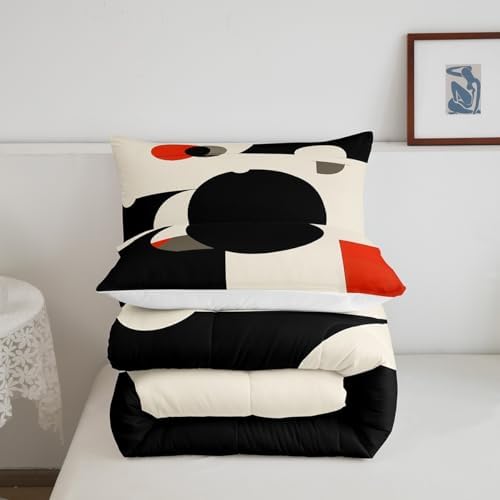 Erosebridal Retro Red Black and Gray Comforter Set Twin Size,Abstract Geometric Aesthetic Bedding Set for Kids Adults Bedroom Decor,Circle Square Quilt Bed Set Down Comforter 2Pcs - Image 5