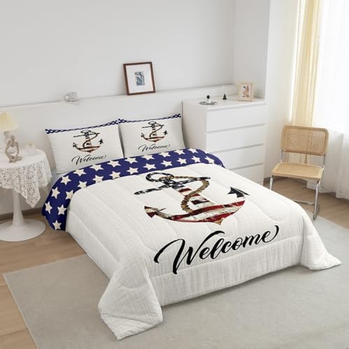 Castle Fairy American Flag Anchor Bedding Set King Size,Nautical Adventure Comforter for Kids Teens Boys Room Decor,Navy Blue Geometric Star Quilt Vintage White Duvet Insert,2 Pillowcases Anchor 6 - Image 2