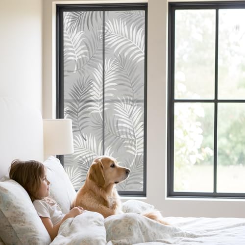 Window Privacy Film Frosted, Grey Botanical Static Cling Door Window Covering, Summer Palm Leaves Foliage Tropical UV Blocking Windows Film for Office, Hotel, Bedroom, 29.5 x 78.7 Inches - Image 2