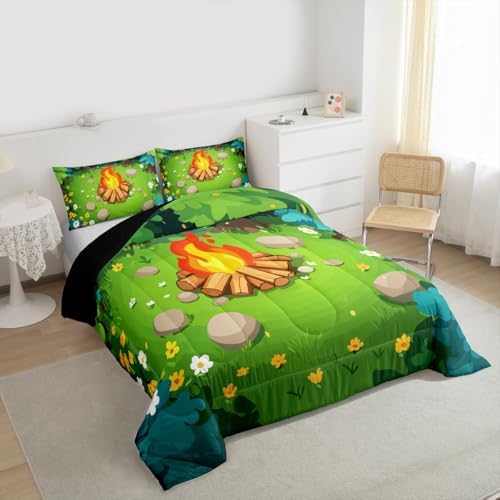 Erosebridal Camper King Size Comforter Set Happy Camping Bedding Set Woodland Camping Bedding Comforter Sets,Campfire Quilt 3 Pcs - Image 3