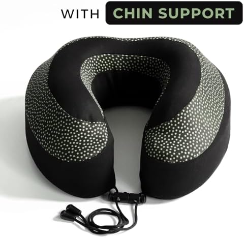 Neck Pillow for Travel | Memory Foam Neck Pillow with Chin Support | Travel Pillow | Adjustable Rope Lock | Removable & Washable Cover with Travel Bag | Travel Essentials | Green & Black - Image 2