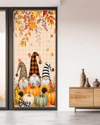 Window Privacy Film Frosted, Thanksgiving Fall Non-Adhesive Static Cling Window Tint, Gnomes Pumpkin Flower Maple Leaf Plaid Insulated Windows Frosted Films for Living Room, 35.4 x 78.7 Inches - Image 5