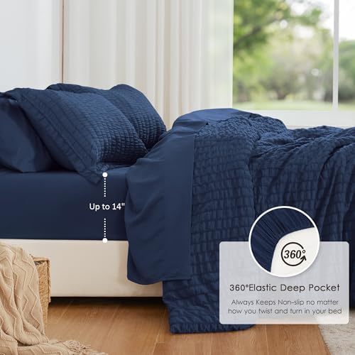 Seersucker Dark Blue Twin XL Comforter Set, 5-Piece Bed in a Bag - Image 3