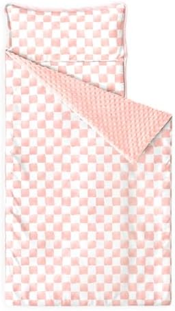 Wake In Cloud - Toddler Nap Mat with Pillow and Minky Fleece Blanket, for Kids Boys Girls Ages 3 Plus in Daycare Preschool, Roll Up Sleeping Bag, Gingham Grid Checkered, Pink White, Standard by WakeInCloud