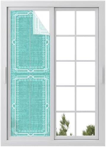 Window Privacy Film Frosted, Turquoise Botanical Reusable Static Cling Window Tints, Vintage Florals Geometric Minimalist Heat Control Windows Films for Offices, Balcony, 29.5 x 118 Inches by Unknown