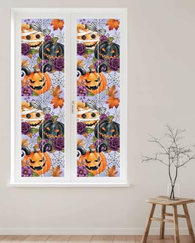 Window Privacy Film Frosted, Pumpkins Halloween Reusable Static Cling Window Tints, Black Horror Purple Floral Vintage Heat Control Windows Films for Offices, Balcony, 29.5 x 118 Inches - Image 2