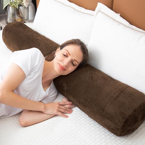 1 MIDDLE ONE Round Body Pillow for Adults, Long Bolster Pillow for Bed with Removable Velvet Cover, Decorative Tube Roll Cylinder Pillow, 47 x 7.87 Inch, Coffee - Image 4