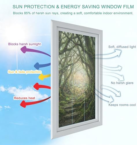 Green Forest Window Privacy Film Rainbow Static Cling Stain Glass Window Film for Glass Door, Decorative Heat Blocking Sunroof Decal Sticker for Car Home 35.4"x78.7" Misty Light Rustic Cottagecore - Image 4