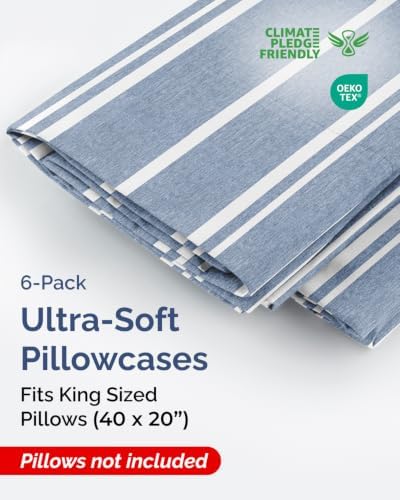 King Pillow Cases - 6 Pack Pillowcase Covers - 20" x 40" (Blue Stripes) - Image 2