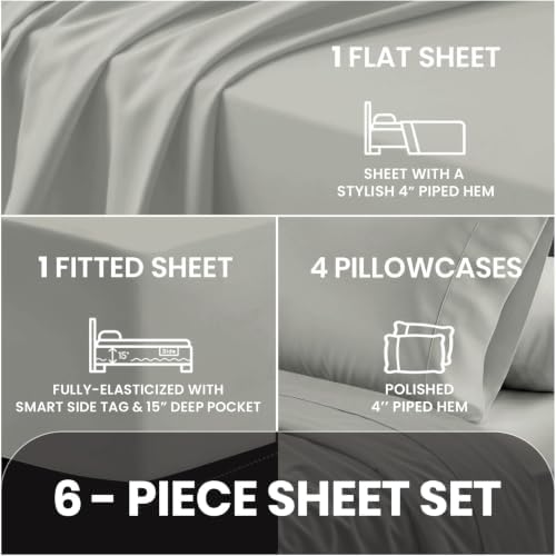 Pizuna 100% Cotton Queen with Four Cases Sheet Set 600 Thread Count Silver - Image 4