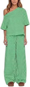 Ythomm Striped Pajama Sets Womens Two Piece Lounge Outfits Short Sleeve Off Shoulder Shirts Drawstring Pants Matching Pj Sets by Ythomm