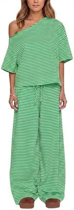 Ythomm Striped Pajama Sets Womens Two Piece Lounge Outfits Short Sleeve Off Shoulder Shirts Drawstring Pants Matching Pj Sets by Ythomm
