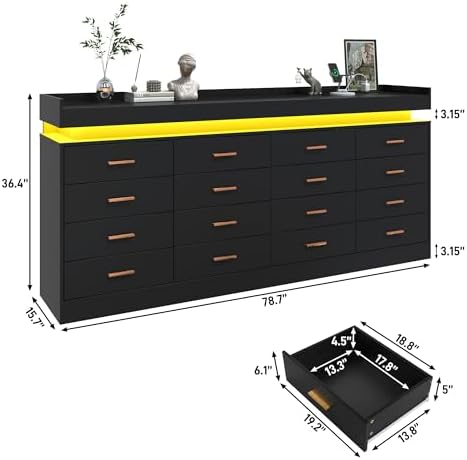 jiteentarou 16 Drawer Dresser with Charging Station and LED Lights, Modern Chest of Drawers with Power Outlet, Organizer Cabinet for Bedroom, Living Room, Entryway, Black - Image 2
