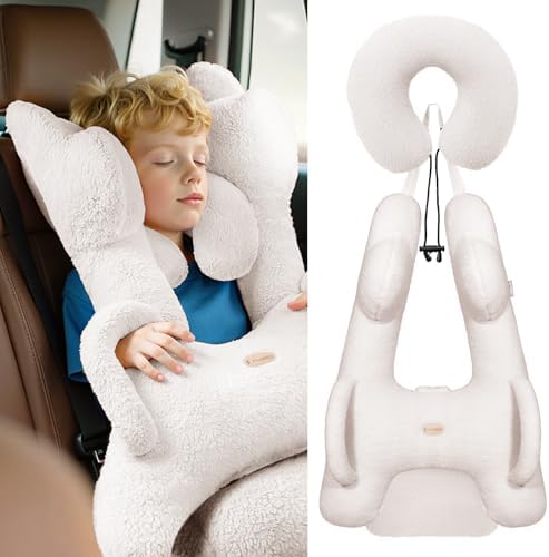 FLORICH Kids Travel Pillow, Car Sleeping Travel Pillow for Kids, Removable H-Shaped Pillow for Adults and Children to Support Head and Body Road Trips with Neck Pillow and Blanket (Light White) by FLORICH