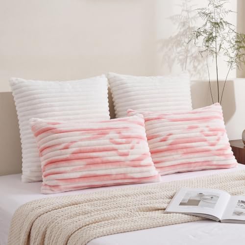 Bedorm Faux Fur Pillowcases Set of 2 King Size Plush Fluffy Pillow Cover Ivory and Pink, Zipper Closure - Image 4