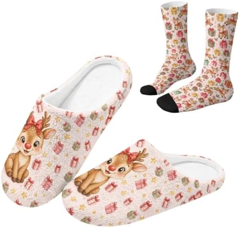 Jeiento Fuzzy Slippers and Sock Set Women's Warm Cozy Memory Foam House Shoes Soft Slip-on Slides by Jeiento