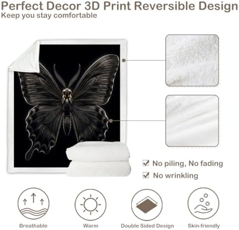 Black Butterfly Sherpa Blanket Dark Aesthetic Throw Blanket for Women Soft Warm Cozy 50x60 Inches Gothic Room Decor Bedroom Couch Gift for Birthday Housewarming Anniversary - Image 7