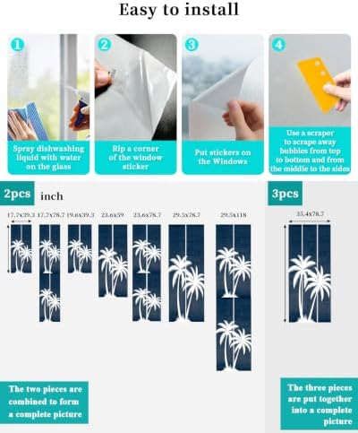 Window Privacy Film Frosted, Navy Blue Palm Trees Reusable Static Cling Window Tints, Summer Coastal Tropical Botanical Heat Control Windows Films for Offices, Balcony, 29.5 x 118 Inches - Image 4