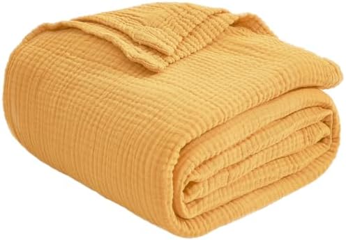 EMME Muslin Cotton Blanket Adults Heather Yellow Throw XL 50"x70" by EMME