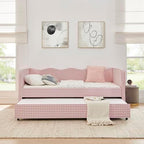 3 in 1 Twin to King Daybed, Gingham Upholstered Daybed with Pop Up Trundle, Convertible Sofa Bed with Side Storage Pockets, Extendable Guest Bed Frame for Teens Adults Bedroom Living Room, Pink - Image 5