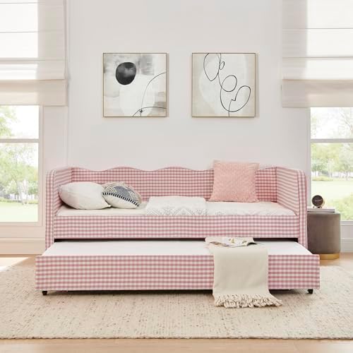 3 in 1 Twin to King Daybed, Gingham Upholstered Daybed with Pop Up Trundle, Convertible Sofa Bed with Side Storage Pockets, Extendable Guest Bed Frame for Teens Adults Bedroom Living Room, Pink - Image 5