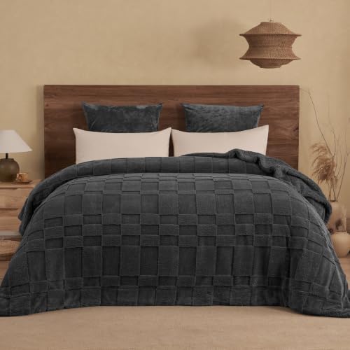 PHF Soft Sherpa Fleece Blanket King, Tufted Jacquard, 03-Dark Grey by PHF
