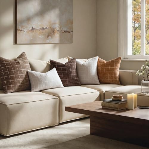 Decorative Chenille Plaid Fall Throw Pillow Covers Brown 24x24 Set of 2 - Image 6