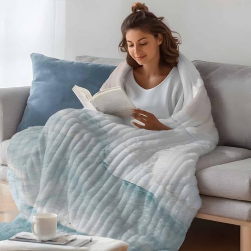 Beach Coastal Boho Throw Blanket, Blue Sea Waves Ocean Fluffy Soft Blankets for Couch Bed Travel, Nautical Gradient Plush Microfiber Striped Flannel Blankets, Lightweight Sofa Blankets 50"x80" - Image 3