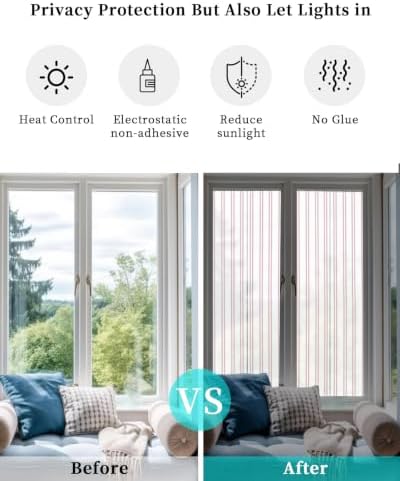 Window Privacy Film Frosted, Pink Lines Reusable Static Cling Window Tints, Modern Vertical Striped Vintage Minimalist Heat Control Windows Films for Offices, Balcony, 29.5 x 118 Inches - Image 6