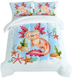 HOSIMA Axolotl Bedding Set for Kids Room Decor,Cartoon Starfish Pattern Kawaii Set,Full Comforter Girls Child Boys,Cartoon Sea Animals with 2 Pillowcase. Blue-red by HOSIMA