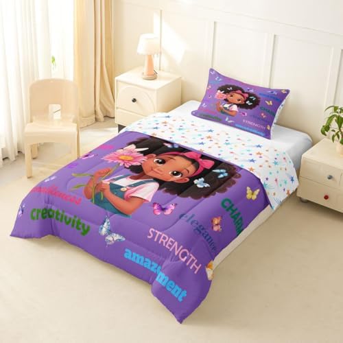 Erosebridal Black Girls Magical Comforter Set Butterflies Inspirational Quotes Toddler Bedding Set African American Comforter Afro Pretty Girls Duvet Insert for Nursery Kids Princess Cute Room Decor - Image 3