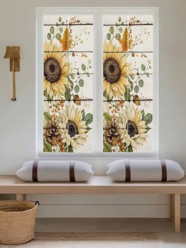 Window Privacy Film Frosted, Pumpkins Sunflower Fall Reusable Static Cling Window Tints, Thanksgiving Botanical Wooden Heat Control Windows Films for Offices, Balcony, 29.5 x 118 Inches - Image 5