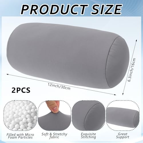 2 Pcs Microbead Roll Pillow, 11.8 * 6.3 Inch Soft Cylinder Bolster Pillow, Microbead Squishy Pillows for Home Office Sleeping Rest Travel Neck Head Back Support (Grey) - Image 2
