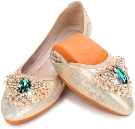 KUNWFNIX Women Ballet Flats Rhinestone Wedding Ballerina Shoes Foldable Sparkly Comfort Slip on Flat Shoes by KUNWFNIX