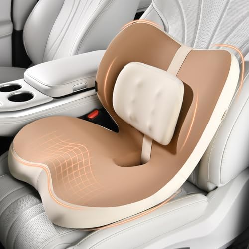 FLORICH 2 in1 Truck Seat Cushion and Lumbar Support Pillow Memory Foam Car Seat Cushion with Adjustable Strap for Truck Driver Long Drives, Fits Semi Truck Seat,Car,Office&Gaming Chair(Light Brown) by FLORICH
