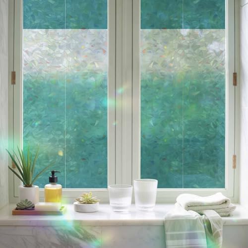 Teal Gray Ombre Window Privacy Film Rainbow Static Cling Stain Glass Window Film for Glass Door, Decorative Heat Blocking Sunroof Decal Sticker for Car 23.6"x78.7" Modern Abstract Art Striped Gradient - Image 6