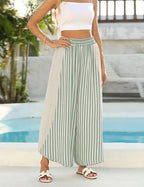 Athlisan Womens Summer Casual Loose Striped Wide Leg Lounge Pants Elastic Waist Palazzo Trousers - Image 2