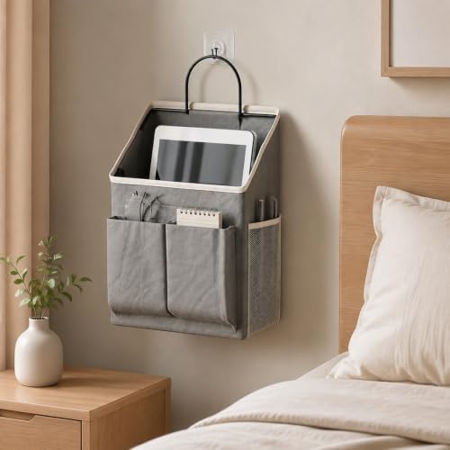 Hanging Bedside Storage Organizer Multi-Compartment Bedside Storage Bag with Mesh Pockets Space-Saving Textile Hanging Organizer with Metal Hook, Gray - Image 3