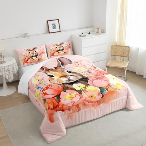 Cute Rabbit Bedding Set Floral Comforter Set for Kids Boys Girls Teens Room Decor Vintage Flowers Comforter Farm Animal Brown Blue Pink Duvet Set King Size Duvet Set 3Pcs - Image 4