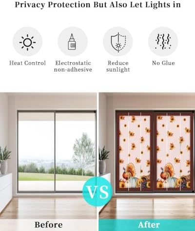 Window Privacy Film Frosted, Thanksgiving Fall Non-Adhesive Static Cling Window Tint, Pink Turkey Pumpkin Flowers Stripe Rustic Insulated Windows Frosted Films for Living Room, 35.4 x 78.7 Inches - Image 6