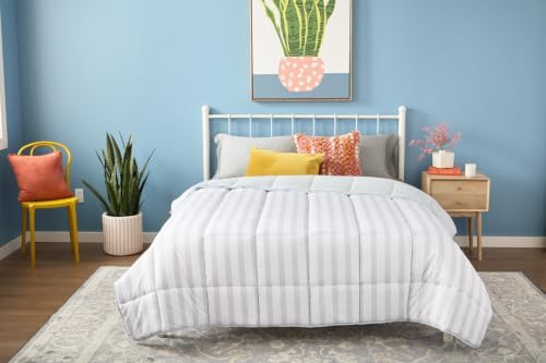 Linenspa All-Season Down Alternative Comforter, Grey/White Stripe, Queen by Linenspa