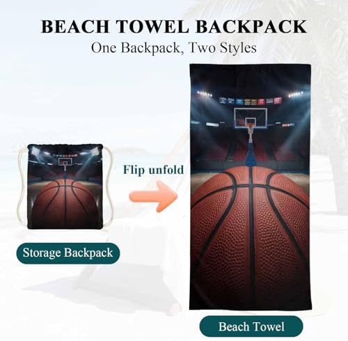 Beach Towel Bag 2 in 1 Basketball Bath Pool Towels Backpack Match Game Stadium Arena Absorbent Beach Towel Soft Quick Dry Lightweight Packable Towels Drawstring Bag for Travel Camping Sports Picnic - Image 6