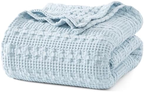 PHF Lightweight 100% Cotton Waffle Blanket for Bed, Queen, Sky Blue by PHF