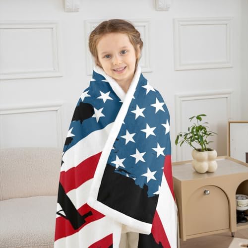 Lineman Blanket American Flag Sherpa Blanket Red and Blue Grunge Stripes Throw Blanket for Boys Men Teens Soft Fleece Blanket Electrician Lineman Silhouette Print Fuzzy Blanket Father's Day 90”x90” - Image 4