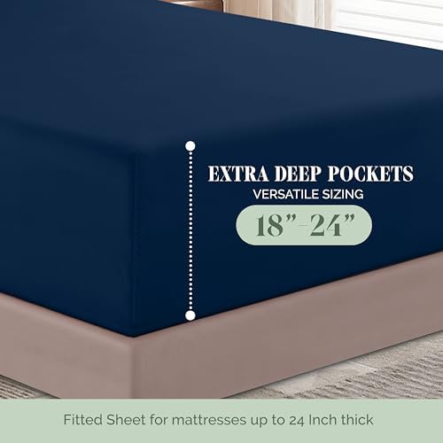 Elegant Comfort 1500 Premium Quality 6-Piece Bed Sheet Set - 18-24 Inch Extra Deep Pocket, Smart Storage Pockets, Wrinkle Free Ultra Soft 6PC Extra Deep Pocket Sheets, California King, Navy Blue - Image 5