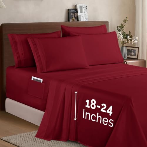 Elegant Comfort 1500 Premium Quality 6-Piece Bed Sheet Set - 18-24 Inch Extra Deep Pocket, Smart Storage Pockets, Wrinkle Free Ultra Soft 6PC Extra Deep Pocket Sheets, Queen, Burgundy - Image 2